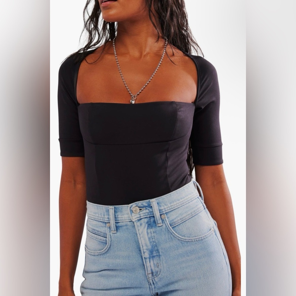 Free People Intimately Black Cutout Bodysuit XL Short Sleeve Open Back